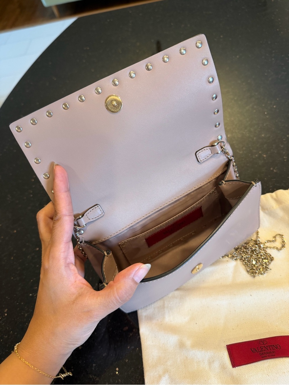 Valentino Mini Rockstud Leather Crossbody in Pale Pink with Gold Studs - Picture 9 of 14